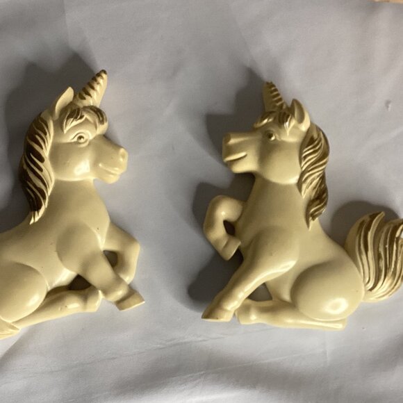 Vintage Plaster Unicorn Wall Hangings – Yellow Pair – 70s Fantasy Decor - Picture 1 of 8